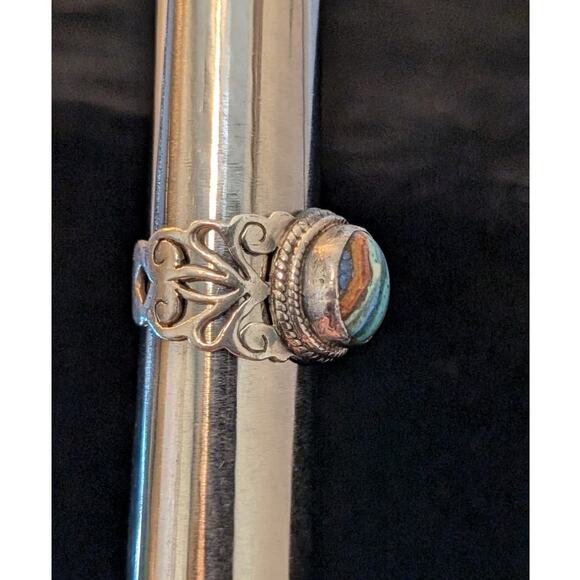 925 Sterling Filigree Rainbow Calsilica Stone Ring Size 6.25 - Picture 3 of 10